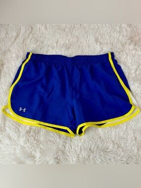 UNDER ARMOUR Blue Yellow Running Shorts Built In Brief Athletic Women’s Large
